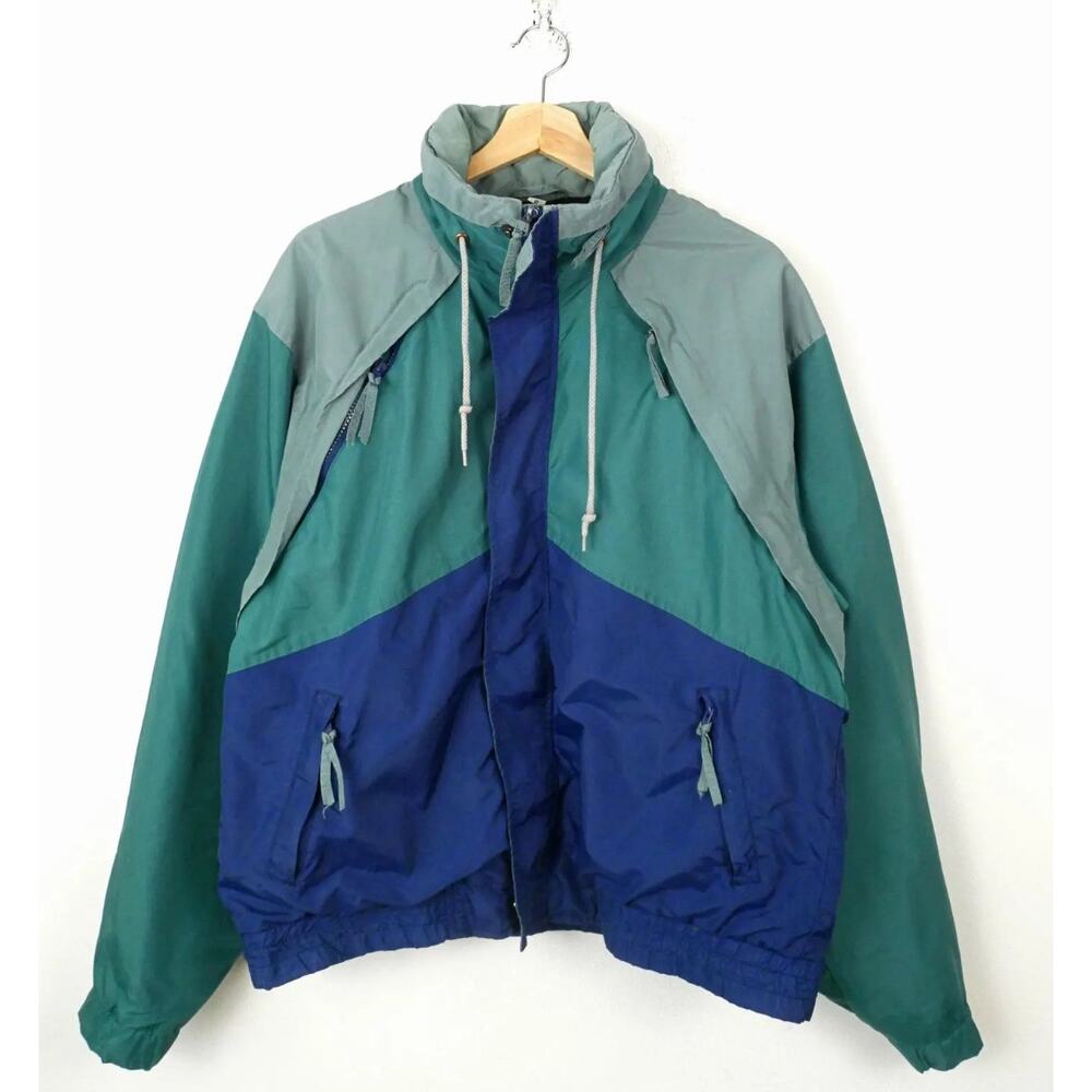 VTG 90s Brittania Color Block Windbreaker Jacket Hooded Green Blue Mens Medium